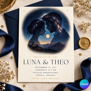 May include: A rectangular wedding invitation card featuring a circular illustration of a couple under a starry night sky with a full moon and mountains. Text reads: WRITTEN IN THE STARS, LUNA & THEO, SEPTEMBER 18, 2027, CEREMONY AT 5 PM, CELESTE OBSERVATORY, SEDONA, ARIZONA, DINNER UNDER THE STARS.