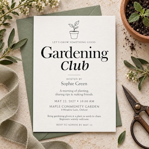 Uitnodiging voor een tuinclub, uitnodiging voor een tuinbijeenkomst voor plantenliefhebbers, bewerkbaar evenementsjabloon met botanische elementen, digitale download