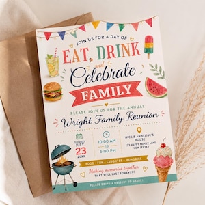 May include: A rectangular invitation card featuring colorful bunting and watercolor illustrations of a burger, popsicle, watermelon, and grill. The text reads: Join us for a day of Eat, Drink and Celebrate Family, Wright Family Reunion, July 23, 10:00 AM to 5:00 PM, Nick & Annelise's House, 123 Happy Family Lane, New Jersey.
