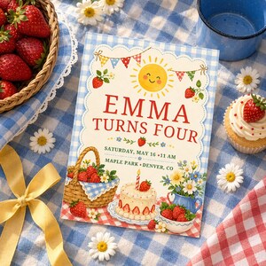 Pode incluir: Um cartão de convite de aniversário retangular com um sol sorridente, bandeirolas coloridas e ilustrações de morangos. O texto diz EMMA TURNS FOUR, SATURDAY, MAY 16, 11 AM, MAPLE PARK, DENVER, CO. O design inclui uma cesta de morangos e um bolo.