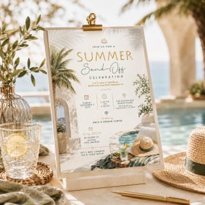 Könnte beinhalten: Eine rechteckige Einladungskarte, gehalten von einer goldenen Klammer, mit dem Text "JOIN US FOR A SUMMER SEND-OFF CELEBRATION" und Veranstaltungsdetails für den 7. September 2025 im Oceanview Beach House, ausgerichtet von Emily und Jordan Carter.