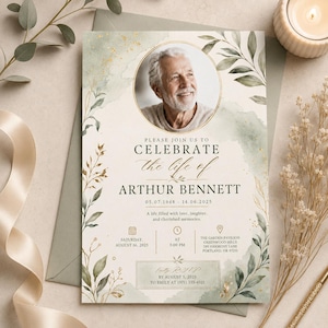 May include: A funeral memorial card featuring a circular portrait of an older man, decorated with sage green watercolor washes and gold leaf accents. The text reads: Please celebrate the life of Arthur Bennett, 05.07.1948 - 14.06.2025, with event details.