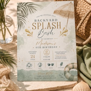 May include: A rectangular invitation card for a Backyard Splash Bash 9th birthday party for Madison on August 24, 2024. The design features watercolor palm leaves, a beach umbrella, and icons for water fun, games, treats, and good vibes in green and gold.