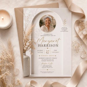 May include: A memorial service announcement card featuring a circular portrait of an older person, an arched frame design, and gold and black text. The card includes the name Margaret Harrison, date September 27, 2026, and service details.