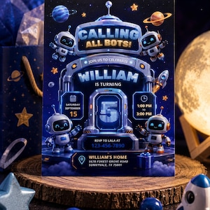 May include: A rectangular birthday invitation card featuring a space theme with four small robots, planets, and stars. The text reads: Calling All Bots! Join us to celebrate William is turning 5. Saturday September 15, 1:00 PM to 3:00 PM. RSVP to Lala at 123-456-7890. William's Home, 5678 Forest Grove Road, Sunnyvale, TX 75001.