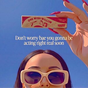 Puede incluir: Una caja rectangular etiquetada como ONE WISH WILLOW en colores rojo y crema, sostenida contra un cielo azul. La caja presenta caras de dibujos animados y el texto AMAZE YOUR FRIENDS y You only get ONE WISH. Debajo, una persona usa gafas de sol color crema.