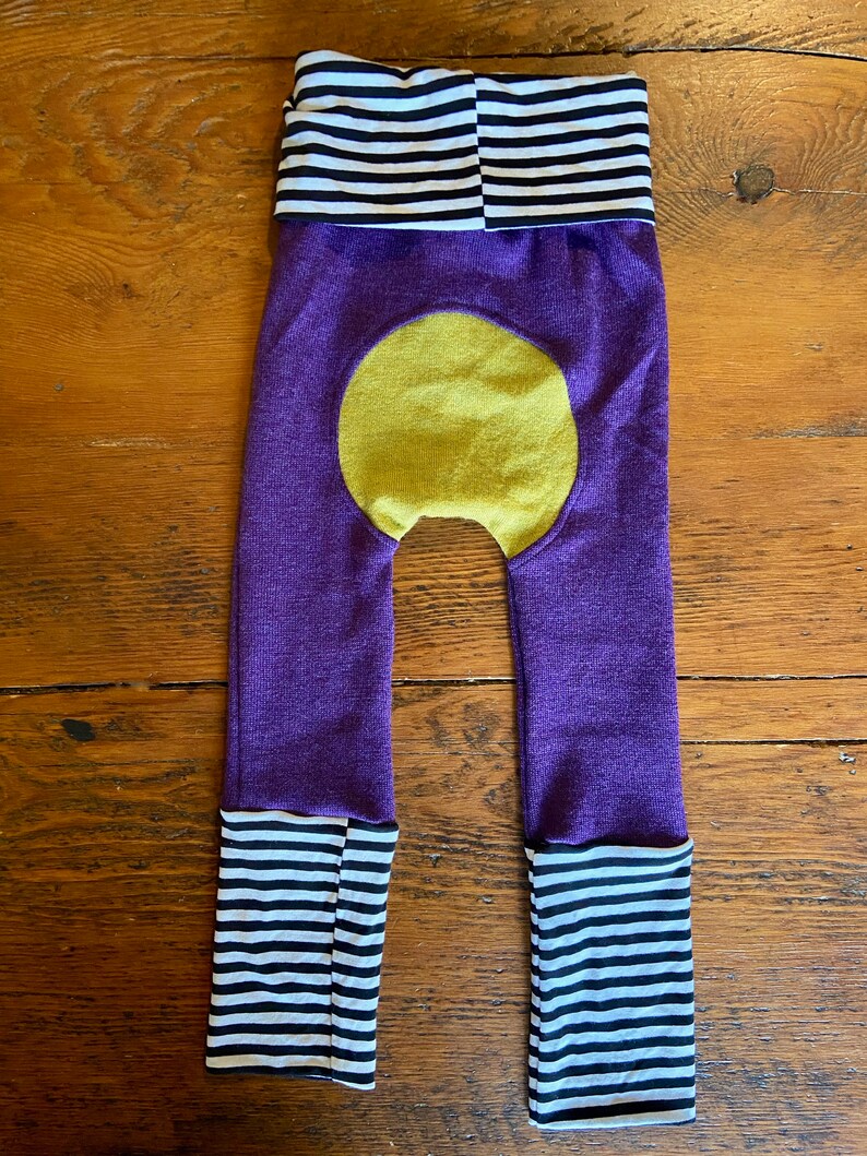 Merino Wool Grow with Me Leggings 6m-3T / Unisex Purple Extendable Pants / Long John / Base Layer / Waldorf / Striped Diaper Cover image 5