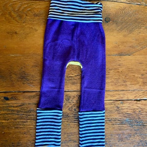 Merino Wool Grow with Me Leggings 6m-3T / Unisex Purple Extendable Pants / Long John / Base Layer / Waldorf / Striped Diaper Cover image 4
