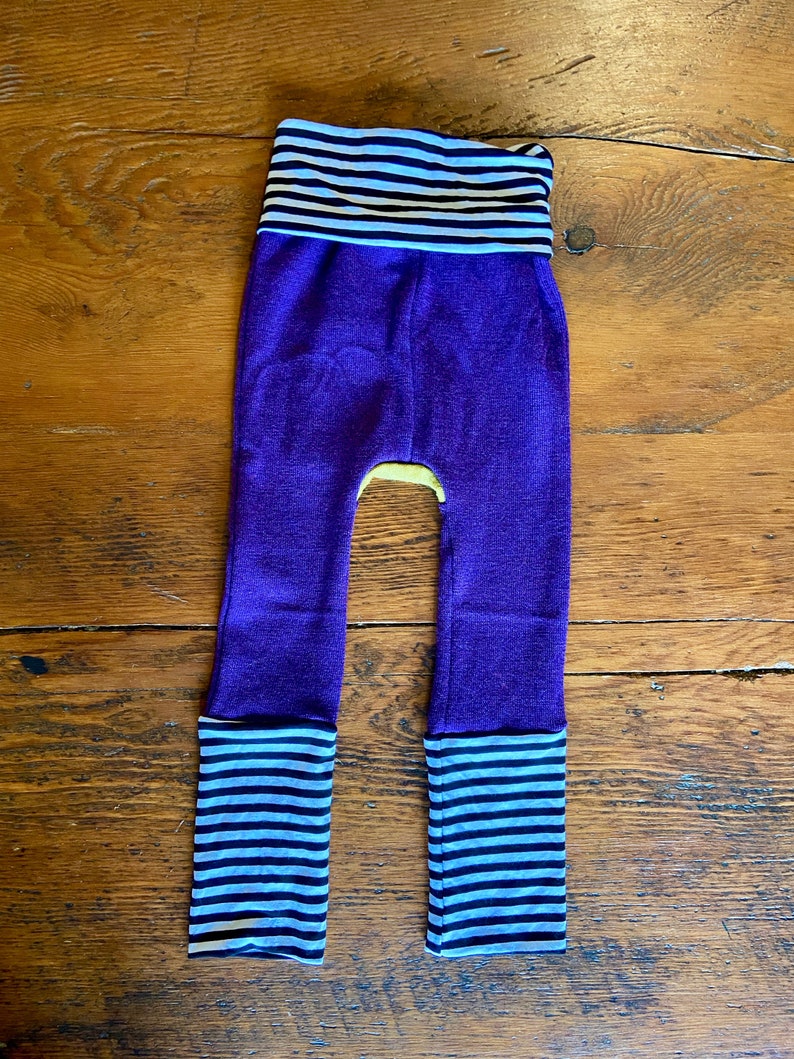 Merino Wool Grow with Me Leggings 6m-3T / Unisex Purple Extendable Pants / Long John / Base Layer / Waldorf / Striped Diaper Cover image 4