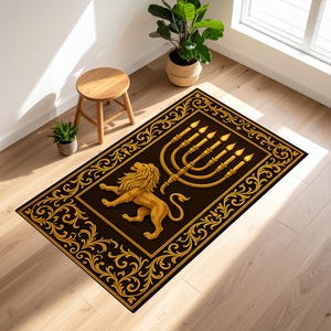 Lion of Judah Rug,Judaica Prayer Mat,Jewish Prayer Rug with Menorah and Star of David,Hanukkah Mat,Floral Judaica Home Decor,Menorah Rug