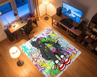 Tapete inspirado em grafite de Kaws, tapete de arte pop meio dissecado, decoração streetwear hypebeast, tapete de arte anatômica meio mecha para quarto gamer ou hypebeast.