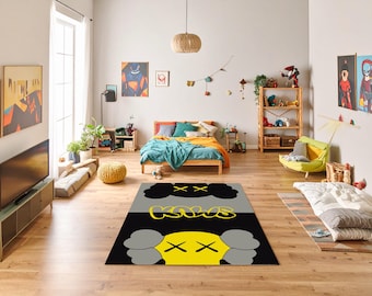 Kaws Inspired Graffiti Rug: Yellow & Black Pop Art Rug, Gamer Room Decor, Pop Art Character Rug for Hypebeast Gamer Room or Modern Decor