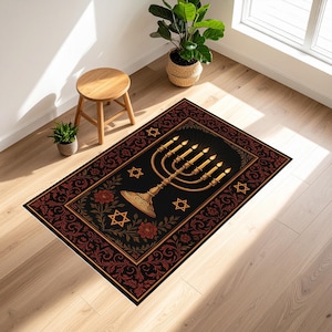 Jewish Menorah Prayer Rug with Star of David Symbols – Black Gold Judaica Mat for Shabbat, Hanukkah, Torah Mat, Sacred Jewish Home Decor