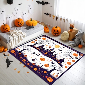 Cute Halloween Rug with White Background Ghosts, Pumpkins, Bats, and Spooky Castle for Modern Nursery, Toddler Room or Fall Season Decor