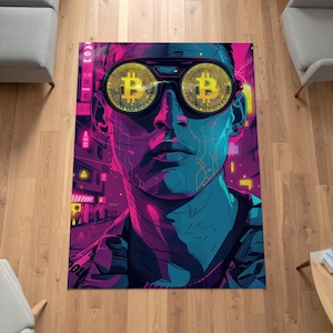 May include: A colourful rug depicting a person with Bitcoin-themed glasses. The artwork uses a neon colour scheme of blue, purple, and yellow, set against a futuristic cityscape. The rug is likely made of a soft material.