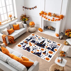 Halloween Pumpkin Village Rug: Spooky Ghosts, Bats, Witches - Washable Cotton