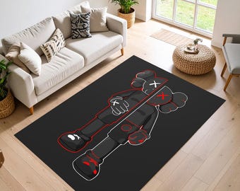 Kaws Inspired Split Rug, Minimal Pop Art Carpet,  Black Red Graffiti Urban Modern Floor Mat, Streetwear Hypebeast-Urban Hypebeast Room Decor