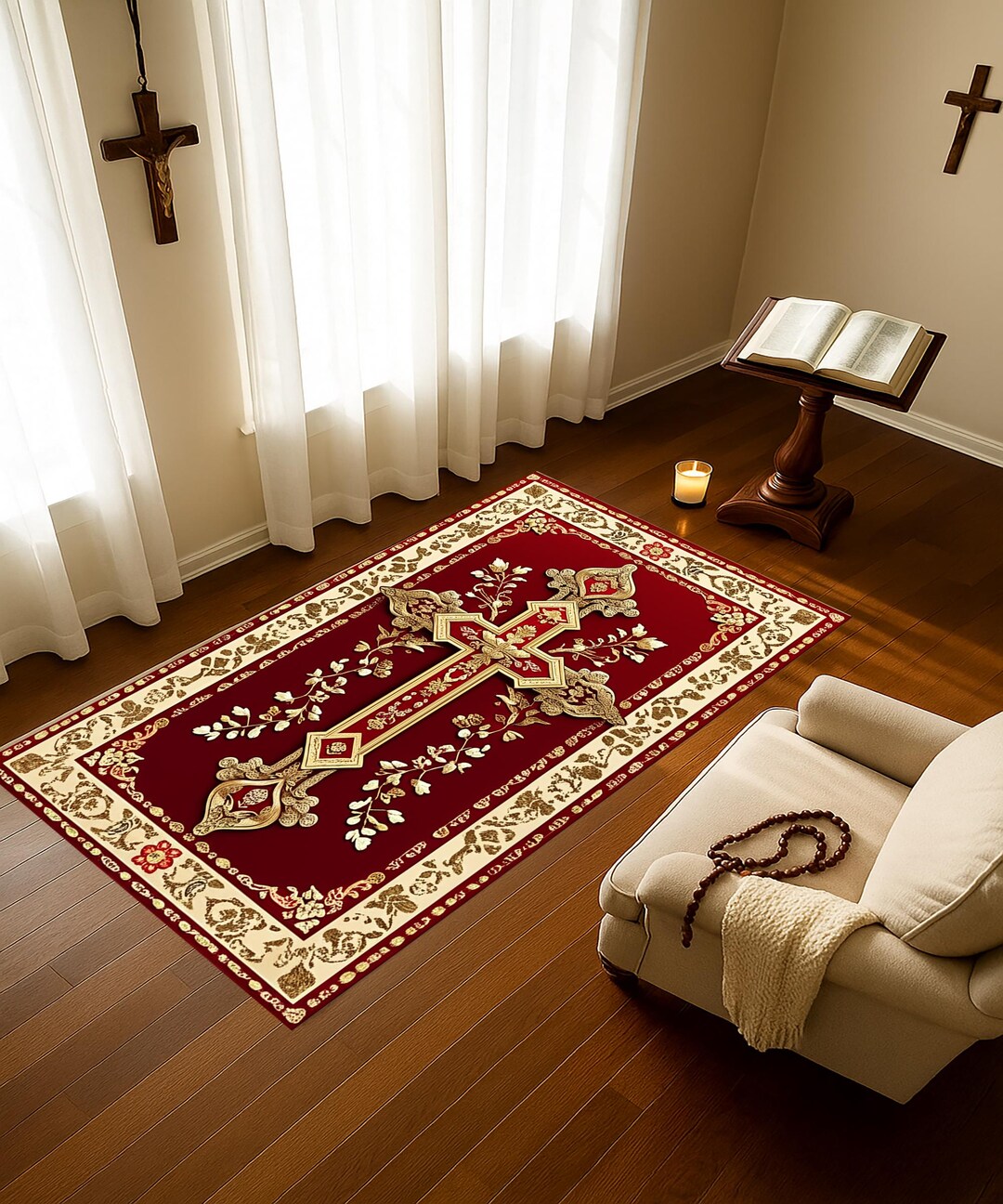 Baroque Red Cross Prayer Rug – Ornate Christian Mat With Gold ...