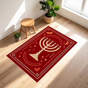 Jewish Prayer Rug,Hanukkah Decor,Menorah Mat,Star of David Rug,Judaica Home Decor,Jewish Holiday Gift,Shabbat Prayer Mat,Red Jewish Mat