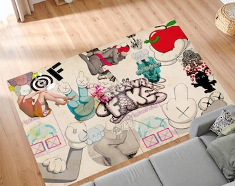 Graffiti Pop Art Rug: Urban Hypebeast Room Decor – Pop Art Inspired Carpet, Modern Hypebeast Room Decor- Kaws Inspired Grey Graffiti Rug