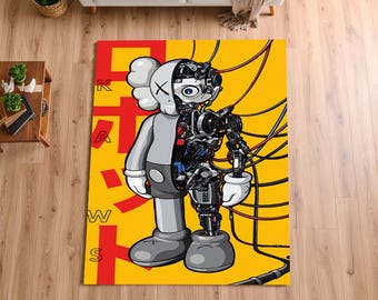 Modern Kaws Graffiti Rug, Colorful Street Art Carpet, Urban Hypebeast Decor, Trendy Pop Art Floor Mat, Unique Room Rug, Japanese Mecha Rug