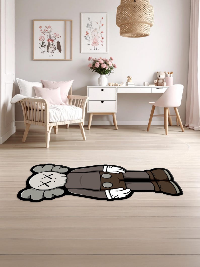 Kaws Inspired Cut-Out Anatomical Rug, Pop Art Character Rug, Streetwear Art Rug, Skull Character Hypebeast Rug, Gamer Room Pop Art Floor Mat image 3