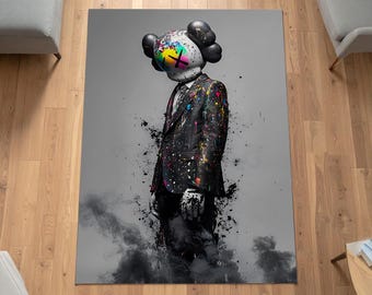 Alfombra de traje salpicado inspirada en KAWS: alfombra urbana de arte moderno para habitaciones gamer, decoración de Hypebeast, coleccionistas de arte pop y hogares urbanos. Alfombra Kaws.