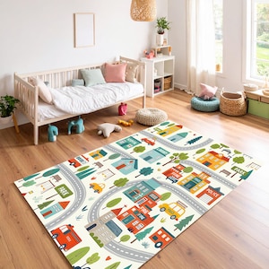 Bunter Stadtplan Kinder Spielteppich - Waschbarer Teppich für Kindergarten, Park & Polizeistation für Kinderzimmer oder Spielzimmer