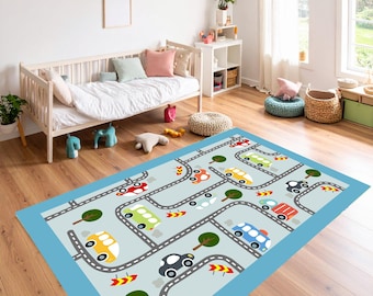 子供用道路地図プレイラグ：カラフルな車、交通標識、柔らかいコットン