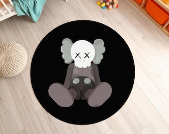 Abstract Street Art Rug: Black Circle Sitting Figure, Modern Pop Decor, Sitting Figure Modern Pop Carpet, Black Round Urban Floor Mat