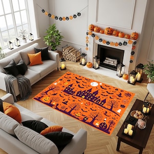 Halloween Kids Rug: Haunted House, Ghosts, Bats - Autumn Decor