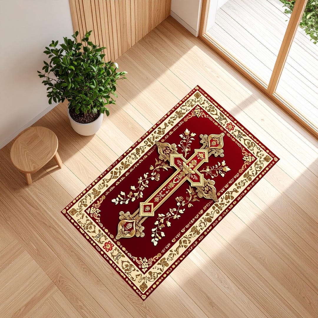 Baroque Cross Prayer Rug: Personalized Christian Mat, Catholic Gift ...