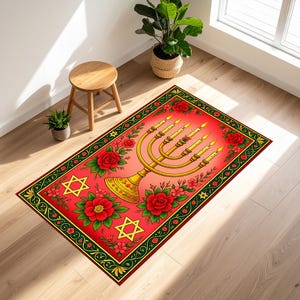 Jewish Prayer Rug,Hanukkah Decor,Menorah Mat,Star of David Rug,Judaica Home Decor,Jewish Holiday Gift,Shabbat Prayer Mat,Pink Jewish Mat
