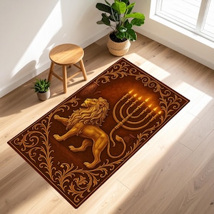 Lion of Judah Rug,Judaica Prayer Mat,Jewish Prayer Rug with Menorah and Star of David,Hanukkah Mat,Floral Judaica Home Decor,Menorah Rug