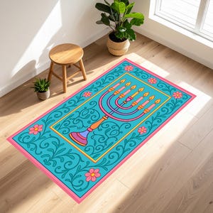 Colorful Jewish Prayer Mat with Menorah Design, Hanukkah Rug, Judaica Home Decor, Bar Mitzvah Gift, Custom Hebrew Floor Carpet, Menorah Mat
