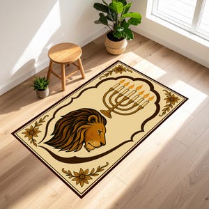 Lion of Judah Rug,Judaica Prayer Mat,Jewish Prayer Rug with Menorah and Star of David,Hanukkah Mat,Floral Judaica Home Decor,Menorah Rug