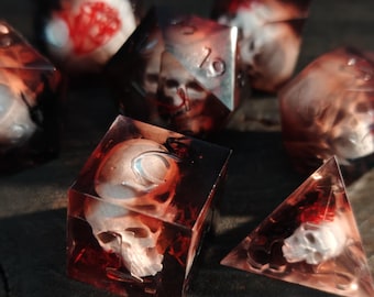 Gothic Blood-Red Skull Resin Dice Set - 7 Piece Vampire RPG Dice for D&D