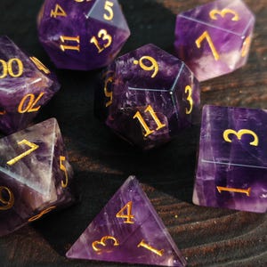 Natural Amethyst Gemstone Dice Set | Deep Purple Transparent Crystal DND RPG Dice