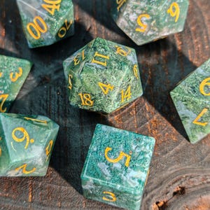 Natural Moss Agate Gemstone DND Dice Set | Dendritic Floating Garden Polyhedral Dice