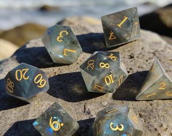 Labradorite Gemstone DND Dice Set, Fantasy RPG Dice for Dungeons and Dragons