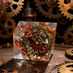 Steampunk Gear Dice Set - 7 Piece Polyhedral Resin Dice with Metal Cogs for DnD