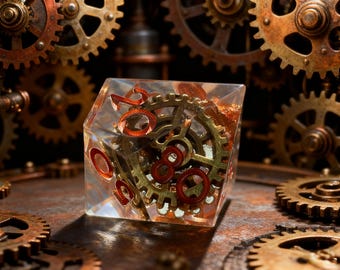 Steampunk Zahnrad Würfel Set - 7 Stück Polyedrische Resin Würfel mit Metall Zahnrädern für DnD