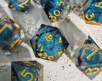 Liquid Core Sand Filled with Blue Glitter Resin Ocean DND Dice Set | Tabletop RPG