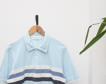 イヴ・サンローラン ヴィンテージ ブルー ストライプ ポロシャツ メンズ Lサイズ