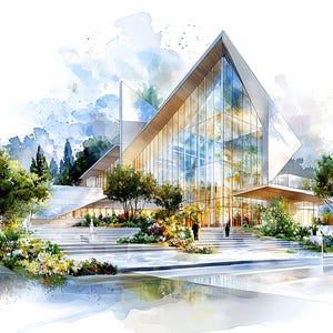 Modern Botanical Architecture Art – Set of 3 Digital Prints, Glass Building Wall Art for Living Room or Office Decor