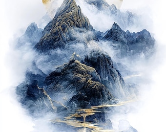 Puede incluir: Una representación artística de una cordillera con un sol o una luna dorada en el fondo. Las montañas son una mezcla de azul y gris, con una cualidad brumosa y etérea. Un río dorado fluye a través de la escena.
