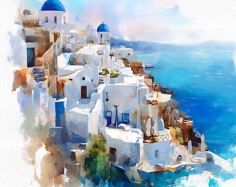 Santorini Watercolor Wall Art, Coastal Greece Print, Blue Dome Decor, Printable Travel Art, Instant Download
