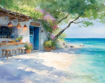 May include: Watercolor painting of a seaside cafe with blue doors and accents. The cafe has a wooden counter and stools, with hanging lights. Sunflowers and other plants are in pots. The scene includes a sandy beach and turquoise water.