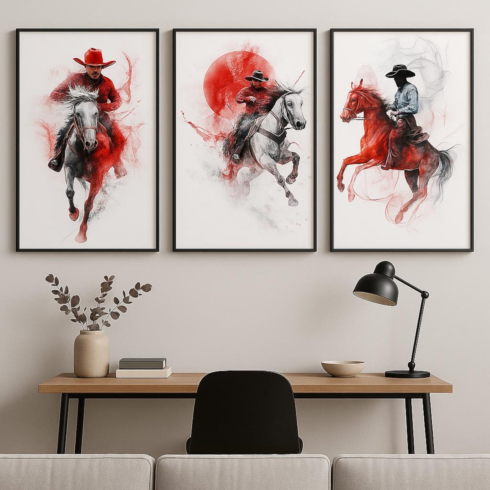 Cowboy Wall Art Set – Western Horse Rider Prints (3 Pieces + Bonus ...