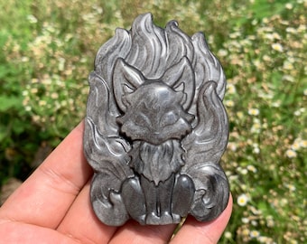 3インチ天然彫刻シルバーオブシディアン九尾狐、水晶、水晶スカル